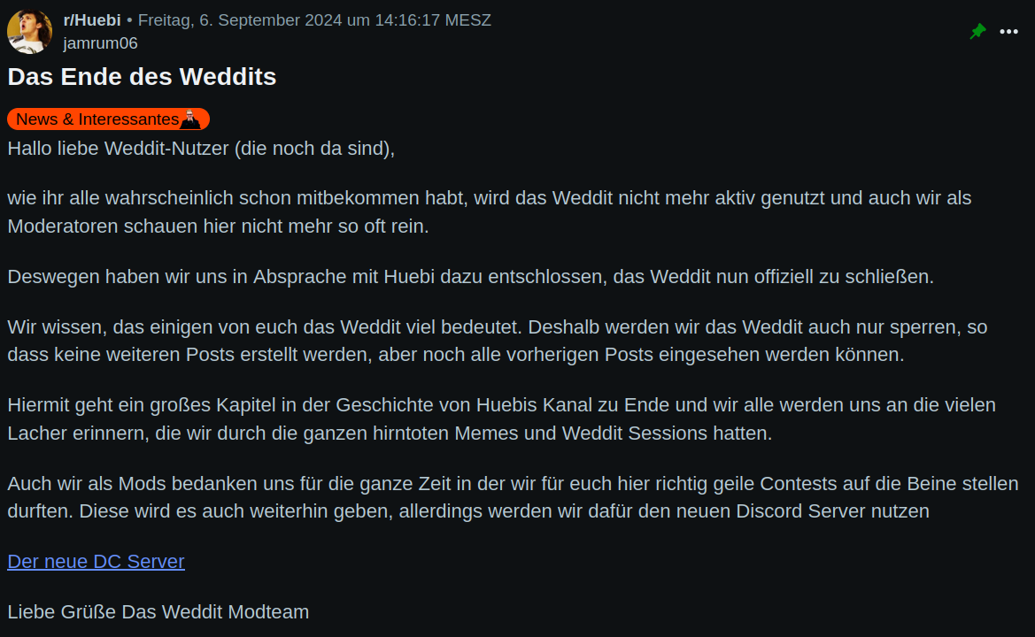Screenshot von dem Post, in welchem das Ende des Weddit's verkündet wurde.